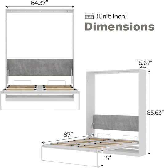 Bobve Farmhouse Murphy Bed Queen, 85" Wall Bed Folds to Save Space, Concealed Bed Frame with Hydraulic Rod and Wall Mounted Features for Apartment/Office/Guest Room