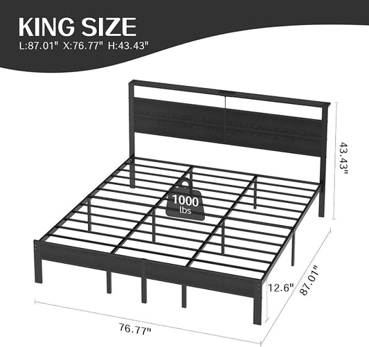 Liians Black King Size Bed Frame with LED Lights and Charging Station, King Size Platform Bed with Metal Slats and Wood Headboard, No Box Spring Needed