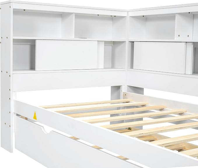 Bellemave Twin Corner Bed Frame with USB Ports, Wood Twin Size Daybed with L-Shaped Bookcase and Trundle,Daybed with Storage Cabinets, White