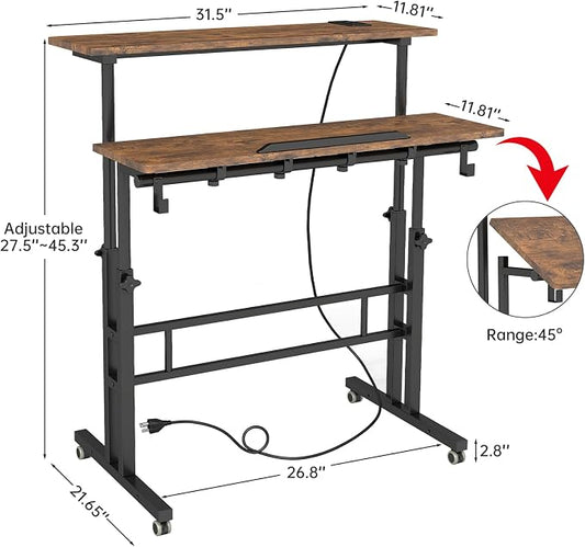 SIDUCAL Mobile Standing Desk with Charging Station, Portable Desk for Walking Pad, Adjustable Computer Workstation with Wheels, Office Table Stand with Tilted Desktop 23.62" D X 31.5" W Rustic Brown