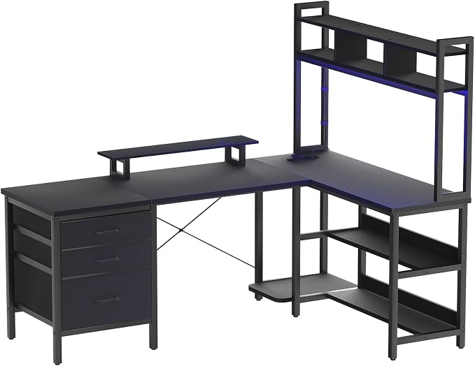 Aheaplus L Shaped Desk with Hutch, Gaming Desk with Led Lights, Reversible Computer Desk with Power Outlet, Corner Desk with File Drawer & Monitor Stand, Storage Shelves for Home Office, Black