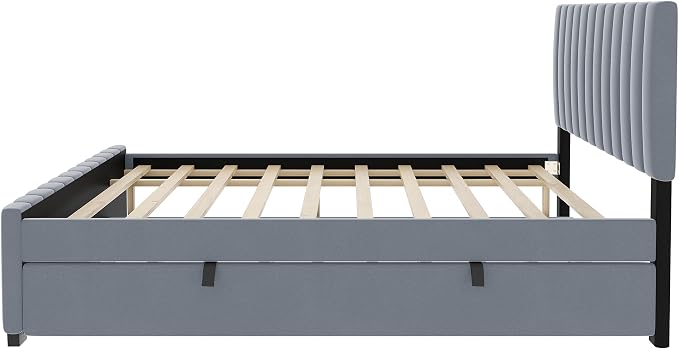 Bellemave Full Bed Frame with Trundle Bed,Velvet Upholstered Platform Bed Frame,Full Size Trundle Bed with Headboard for Kids Teens Adults(Gray)