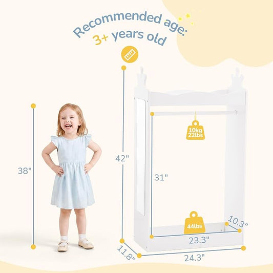 Curipeer Kids Dress Up Storage with Full-Length Mirror, Princess Closet for Little Girls, Kids Dress Up Rack with Crown Top, 42" Open Hanging Armoire Wardrobe for Bedroom, Playroom, Nursery, White