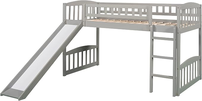 Twin Size Loft Bed, Wood Loft Bed with Slide and Ladder, Gray