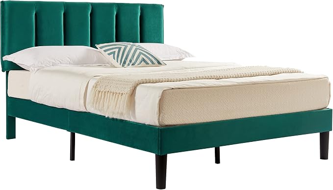 VECELO Full Size Bed Frame with Upholstered Headboard, Heavy-Duty Bedframe with Wooden Slats & Steel Framework, Easy Assembly, Dark Green