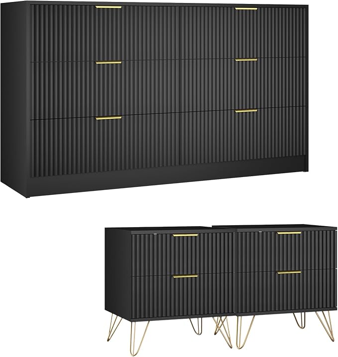 Black Dresser and Nightstand Sets, 6 Drawer Dresser Set for Bedroom 3 Piece, 55” Wide Fluted Wood Dressers W/Metal Handle & Night Stand Set of 2, Modern Bedroom Furniture Sets, Black