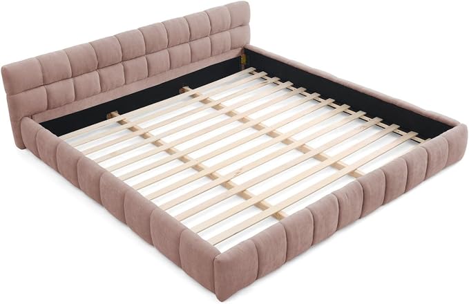 KEIKI King Thick Chenille Platform Bed Frame with Upholstered Tufted Headboard, Modern Solid Wood Floor Platform for Bedroom, No Box Spring Needed