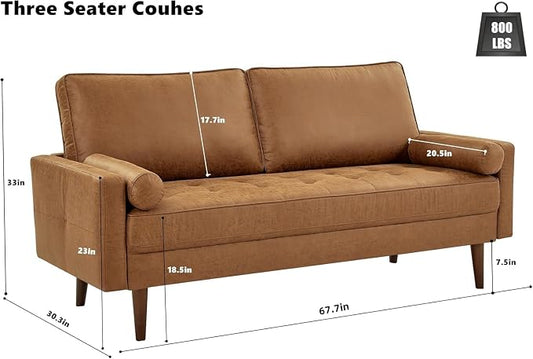 HIFIT 68" Faux Leather Couch Mid Century Modern Sofa Couch w/Tufted Deep Love Seat, 2 Pillows & Solid Wood Frame, Home Sofa Living Room Small Couches for Small Space, Bedroom, Office, Apartment, Brown