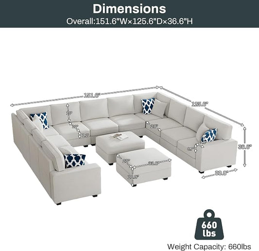 Legend Vansen Oversized Modular Sectional Sofa,U/L‑Shaped Reversible Couch with Ottoman,Deep Seat Plush Polyester Sectional for Living Room,13-Seater,Cream