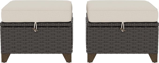 2 Pieces Patio Outdoor Ottomans with Removable and Washable Covers,PE Rattan Wicker Footstools for Porch, Garden, Sunroom (Beige)