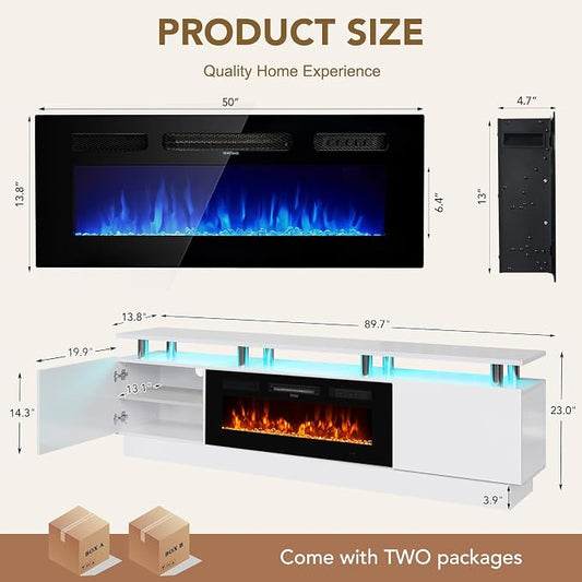 90" TV Stand for Living Room, Large Entertainment Center & Media Console, Fits TVs up to 100", Storage Cabinet with Shelves, 50" Electric Fireplace, White & Black