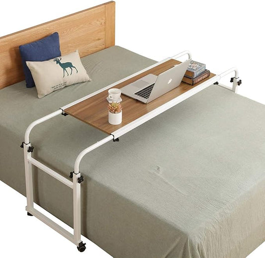 TigerDad Adjustable Overbed Table with Wheels, Mobile Laptop Desk on Wheels for King Queen Bed, Height Adjustable Rolling Computer Cart with Stand, Ancient Oak