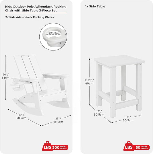 Costaelm Palms 3-Piece Kids Table and Chairs Set with Modern Toddler Rocking Chairs and Cup Holders, White