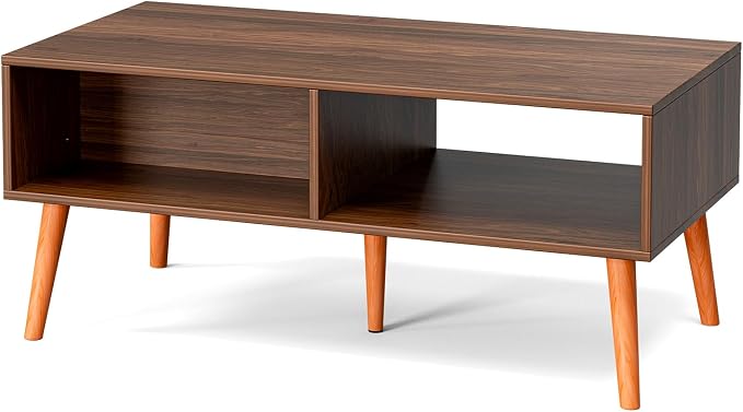 ZttRiee Rattan Coffee Table with Drawer, Mid-Century, Walnut | 39.4"L x 19.7"W x 16.9"H, 220 lbs capacity, 1 rattan drawer & open compartments, solid wood legs, ~30 min assembly