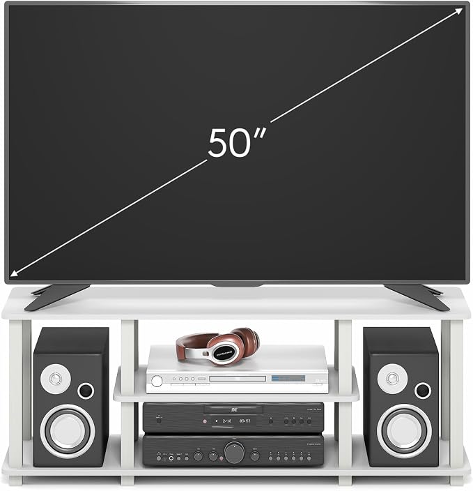 Furinno Turn-S-Tube TV Stand, 3-Tier No Tools 3D Entertainment Center with Open Shelf, TV Console for TV up to 50 Inch, with Square Tube, for Living Room, Bedroom, White