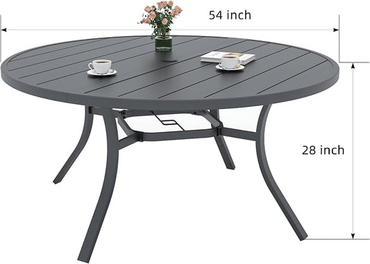 Patio Table and Chairs Set for 6 Person,54"x 54"x 28" Round Steel Slat Outdoor Table with 6 Breathable Textilene Swivel Chairs for Deck/Backyard/Poolside/Garden