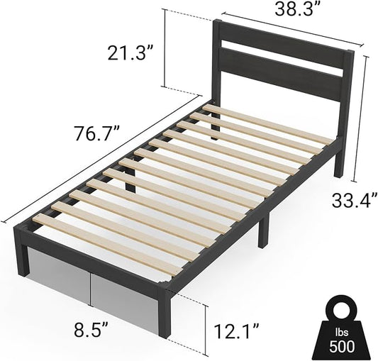 LIFEMENT Twin Bed Frame with Headboard Classic Wood Platform, Noise Free, Under Bed Storage, No Box Spring Needed, Easy Assembly, Black