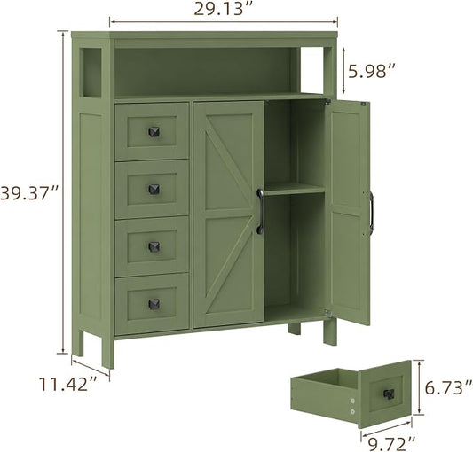 Vabches Farmhouse Storage Cabinet with 2 Doors and 4 Drawers, Freestanding Bathroom Compartment Kitchen Pantry Cabinet, Floor Cupboard for Kitchen/Living Room/Bathroom,Green