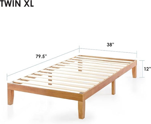 Mellow Naturalista Classic 12 Inch Solid Wood Platform Bed with Wooden Slats, Twin XL, Natural Pine