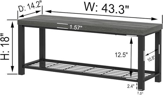 EXCEFUR Entryway Bench, Industrial Metal and Wood Storage Bench for Living Room, Indoor Shoe Rack Bench Seat, 43.3 Inch Grey