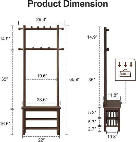 AQIMUELE Hall Tree, Coat Rack with Shoe Storage, Wooden Hall Tree with Bench, 11 Hooks and 2-Tier Storage Shelves, Entryway Bench with Coat Rack (23.6" - Deep Walnut)
