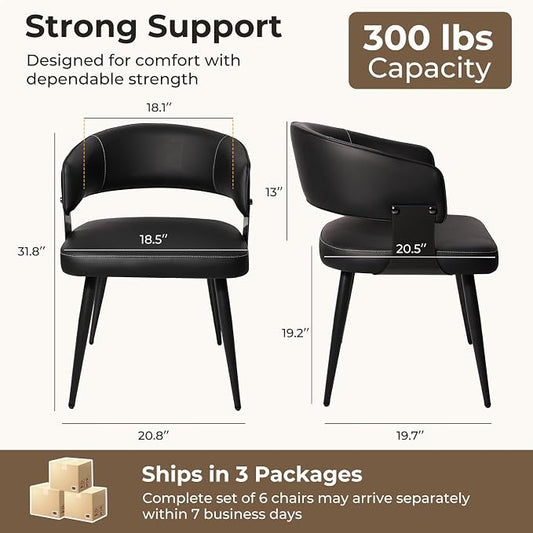 Dining Chairs Set of 6, Modern Upholstered Faux Leather Kitchen Chairs with Curved Back, Easy to Assemble & Clean for Dining Room, Restaurant, Cafe, Black