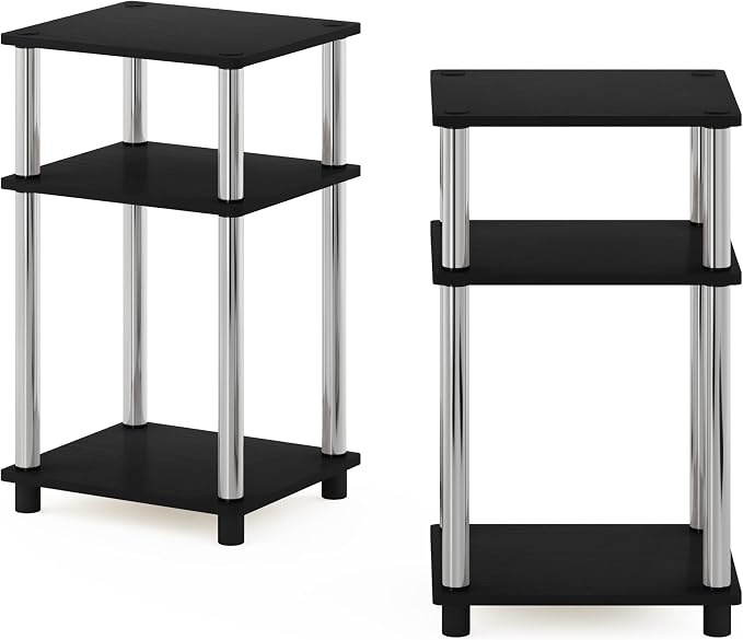 Furinno JUST Side Table Set of 2, 3-Tier Modern End Tables, Open Shelves Night Stand, Nightstand Set, Toolless Assembly, for Living Room, Bedroom, Americano/Stainless Steel
