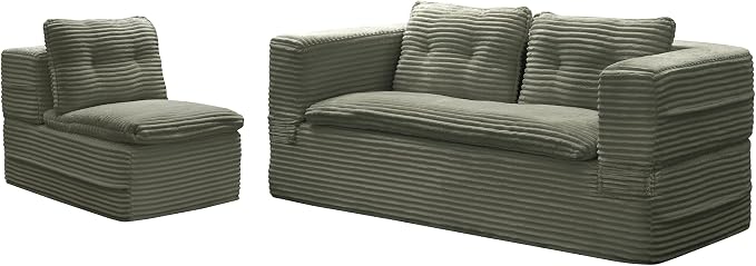 80'' Futon Sofa Bed, King Size Foldable Sleeper Sofa, Corduroy Boneless Loveseat Couch with Chaise Lounge, 3 Pillows, Blanket, Upholstered Sectional Couches for Living Room,Bedroom, Pine Green