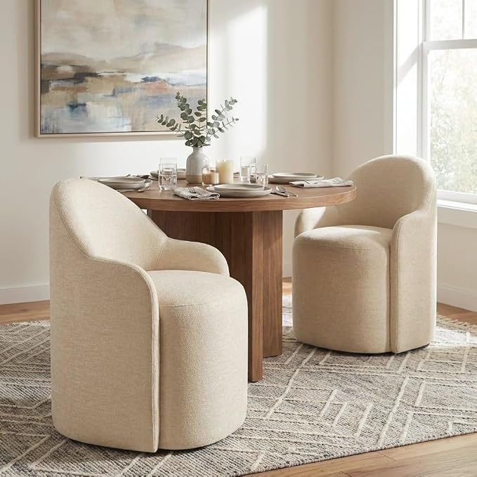 KISLOT Upholstered Dining Chairs with Casters, No Assembly Modern Dining Room Chairs Accent Vanity Chair with 5 Wheels & Round Backrest for Bedroom, Living Room, Dressing, Sand Fabric, Set of 1