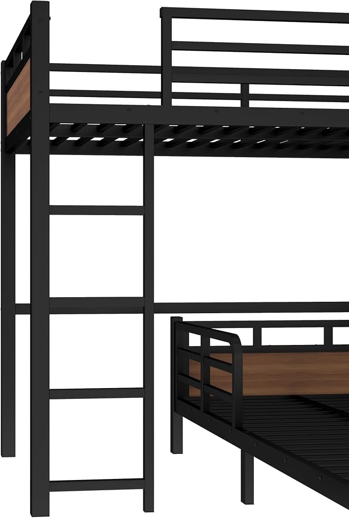 Twin XL Over Twin XL Metal Bunk Bed, Heavy Duty Convertible Bunk Bed Frame with Headboard & Full Guardrails, Can Be Split into Two Platform Beds or Loft Bed,Walnut