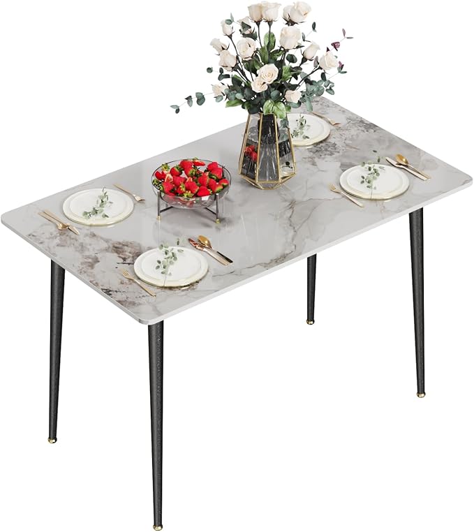 Wisfor Sintered Stone Dining Table: 47.2x27.5 Inch White Kitchen Table with Metal Legs - 6-Seat Breakfast Table for Dining Room, Restaurant (No Chairs)