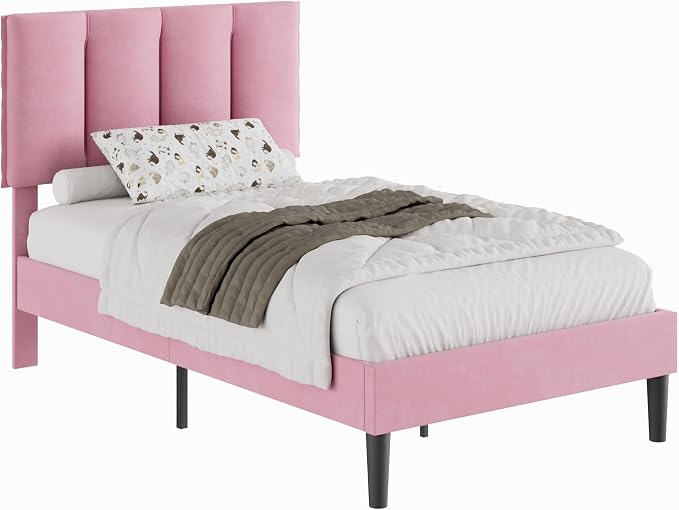 VECELO Twin Size Bed Frame with Upholstered Headboard, Heavy-Duty Bedframe with Wooden Slats & Steel Framework, Easy Assembly, Velvet & Pink