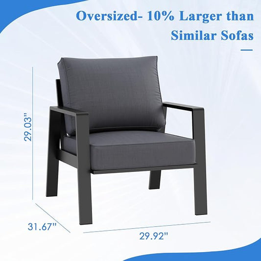2 Pieces Aluminum Outdoor Armchair, Oversized Patio Couch, Modern Sofa All Weather Metal Furniture Set with 5" Cushions (Black/Dark Grey)