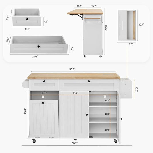 ComfyCorner 60" Rolling Large Kitchen Island on Wheels with Extendable Table, Drop Leaf & Power Outlet, Mobile Kitchen Cart with Storage Cabinet, 2 Drawers, Spice Rack, Towel & Knife Holder, White
