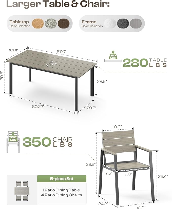 67"*32.3"*29.5" Patio Dining Table, Seamless Rectangle Aluminum + HDPS Outdoor Patio Dining Table with Umbrella Hole, Weather-Resistant for Lawn, Garden, Yard and Indoor Use (Gray)