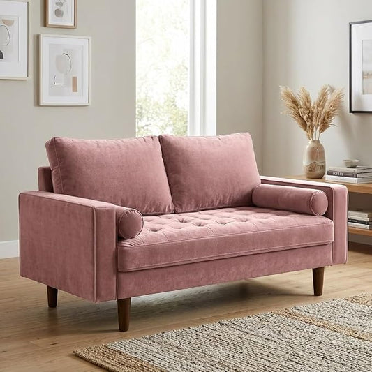 Container Furniture Direct Womble 58 Inch Velvet Loveseat Sofa with Elegant Button Tufted Upholstery, Square Arms, Splayed Wood Legs, Includes Matching Bolster Pillows, Rose