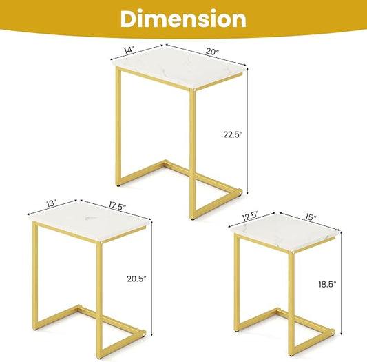 GOFLAME Nesting Coffee Tables Set of 3, Rectangular Nesting Center Table with Faux Marble Top & Metal Frame, Modern C-Shaped Nested Side Table Set for Living Room, Bedroom, Gold & White