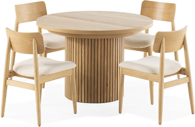 Transformer Table - Solid Wood Extendable Round Dining Table Set with 4 Chairs, Seats 4-10, Extendable Round Dining Set, Natural (Table + 4 Chairs)