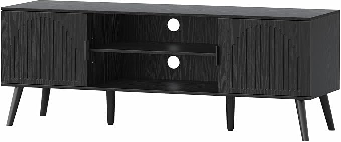 ChooChoo TV Stand for Living Room, Mid Century Modern TV Stand for 55/60 Inch TVs, Entertainment Center with Storage Cabinet and Open Shelves, TV Console Table Media Cabinet for Bedroom, Black