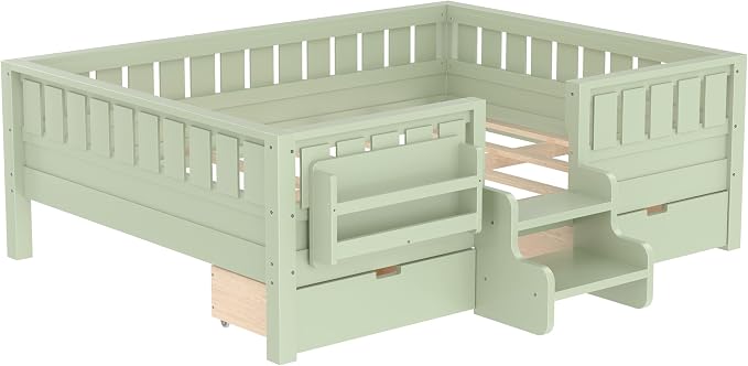 Bellemave Full Size Kids Bed with high Rails and with Built-in Bookshelf and Drawers for Kids, Girls, Boys, Wood Montessori Bed Without Door, Avocado Green