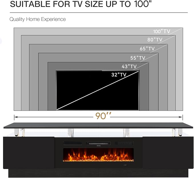 90" TV Stand for Living Room, Large Entertainment Center & Media Console, Fits TVs up to 100", Storage Cabinet with Shelves, 50" Electric Fireplace