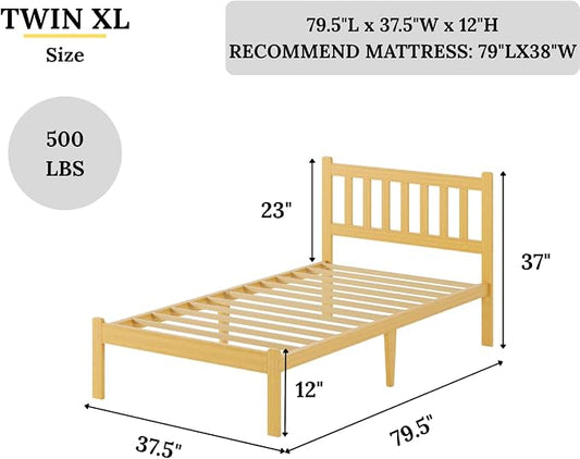 Askeld Wood Twin XL Bed Frame with Headboard, 12 Inch High Solid Bamboo Platform Bed No Box Spring Needed, Mid-Century Heavy Duty Bedframe, Easy Assembly, Noise Free