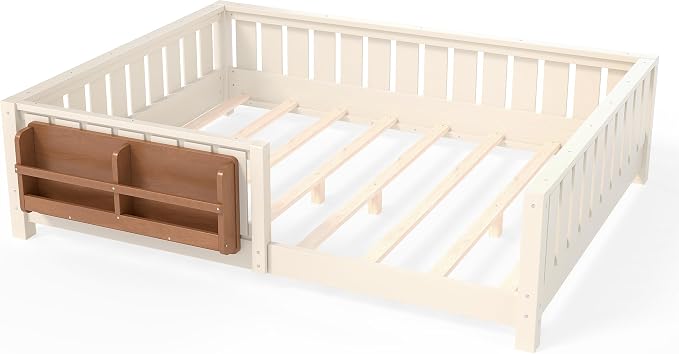 Bellemave Full Floor Bed with Slats and Rails, Full Size Montessori Floor Bed with Bookcase and Fence, Easy Assemble Montessori Beds for Girls, Boys, Beige Floor Beds
