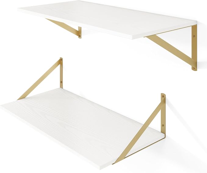Heimlove Deep Floating Shelves for Wall, 24W x 12D Wood Wall Shelves Set of 2, Wide Floating Bookshelf for Living Room, Kitchen, Office, Bedroom and Decor Storage, with Golden Bracket - White & Gold