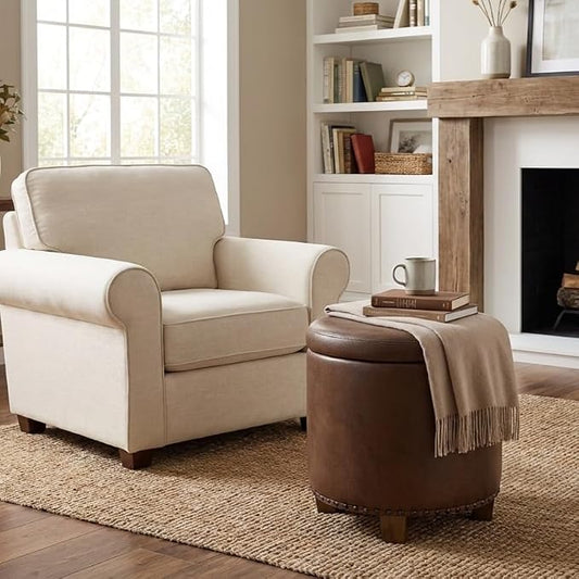 HomePop 18.5" Round Storage Ottoman with Nailheads - Brown Faux Leather