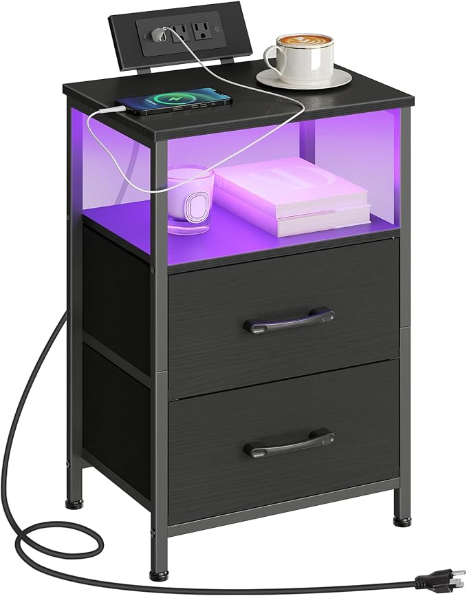 HOOBRO Nightstand with Charging Station, Bedside Table with LED Lights and 2 Fabric Drawers, End Table with 2 AC Outlets and USB Port, Small Night Stand for Bedroom, Black BB118UDBZ01