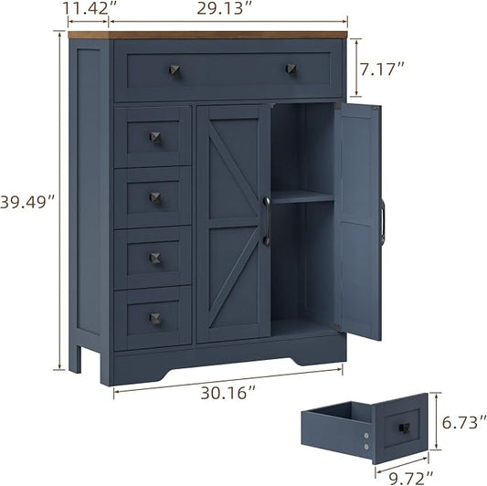 Vabches Farmhouse Storage Cabinet with 2 Doors and 5 Drawers, Freestanding Bathroom Cabinets Kitchen Pantry, Floor Storage Cabinet Hutch Cupboard for Living Room/Bathroom/Kitchen.Blue
