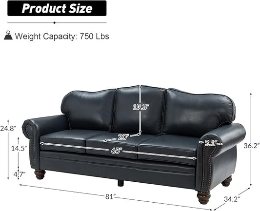 Classic 3-Seater Sofa with Premium Leather Upholstery, Stylish & Comfortable Sofa for Living Room or Office, Easy Assembly and Maintain & Long-Lasting, Navy
