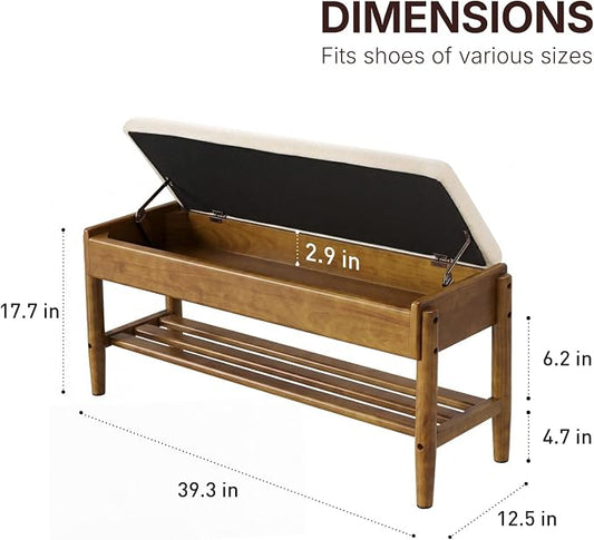 YEPDIN 2 Tier Shoe Rack Bench with Flip-Top Storage,39.3" Solid Wood Shoe Rack Bench with Chenille Cushion,for Entryway, Hallway,Living Room, Bedroom, Closet