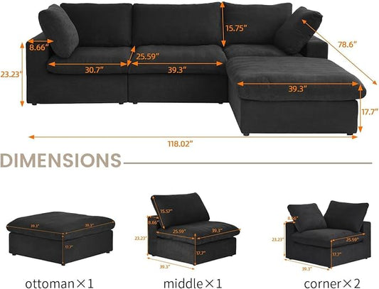 L Shaped Cloud Modular Sectional Sofa with Storage Ottoman for Living Room | Modular Setional Sofa, Covers Washable&Replaceable, Black